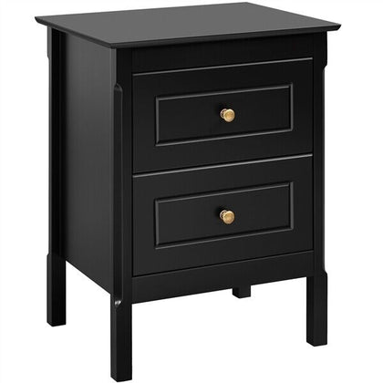 Black Bedside Table Chest of Drawer, 2 Drawers with Metal Handles and Solid Wood
