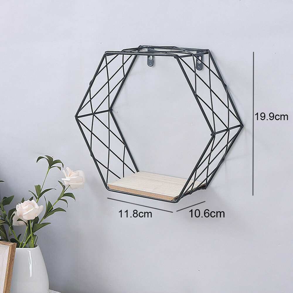 Wood Geometric Hexagonal Design Wall Wire Frame Storage Frame Shelf