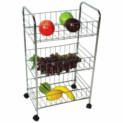 3 TIER STEEL FRUIT VEGETABLE TROLLEY STORAGE RACK WITH WHEELS KITCHEN HEAVY DUTY