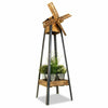 Wooden Windmill Garden Planter Rustic Wood Finish & Rotating Sails Outdoor Stand