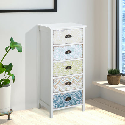 Storage Chest Unit 5 Drawer Retro Style Bedroom Desktop Wood White Entryway