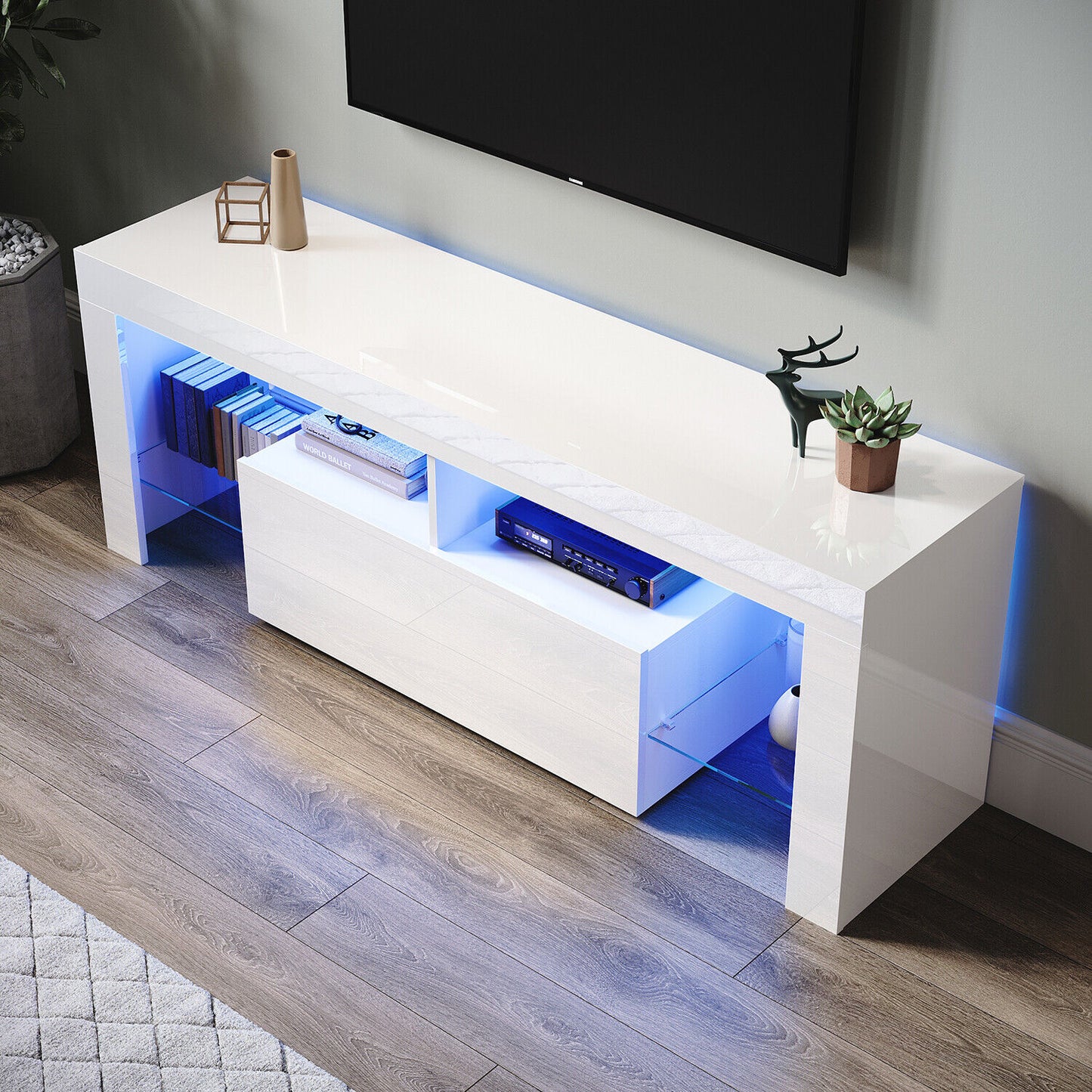 High Gloss White 140cm TV Stand Cabinet Unit Drawer Sideboard with LED Lights