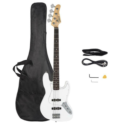 Glarry Basswood Electric GJass Bass Guitar w/ Power Wire Tools Bag Pick White