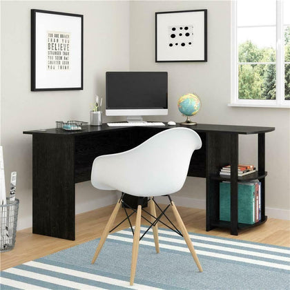 Black L-shaped Computer Desk Corner PC Table Workstation Home Office w/ Shelves