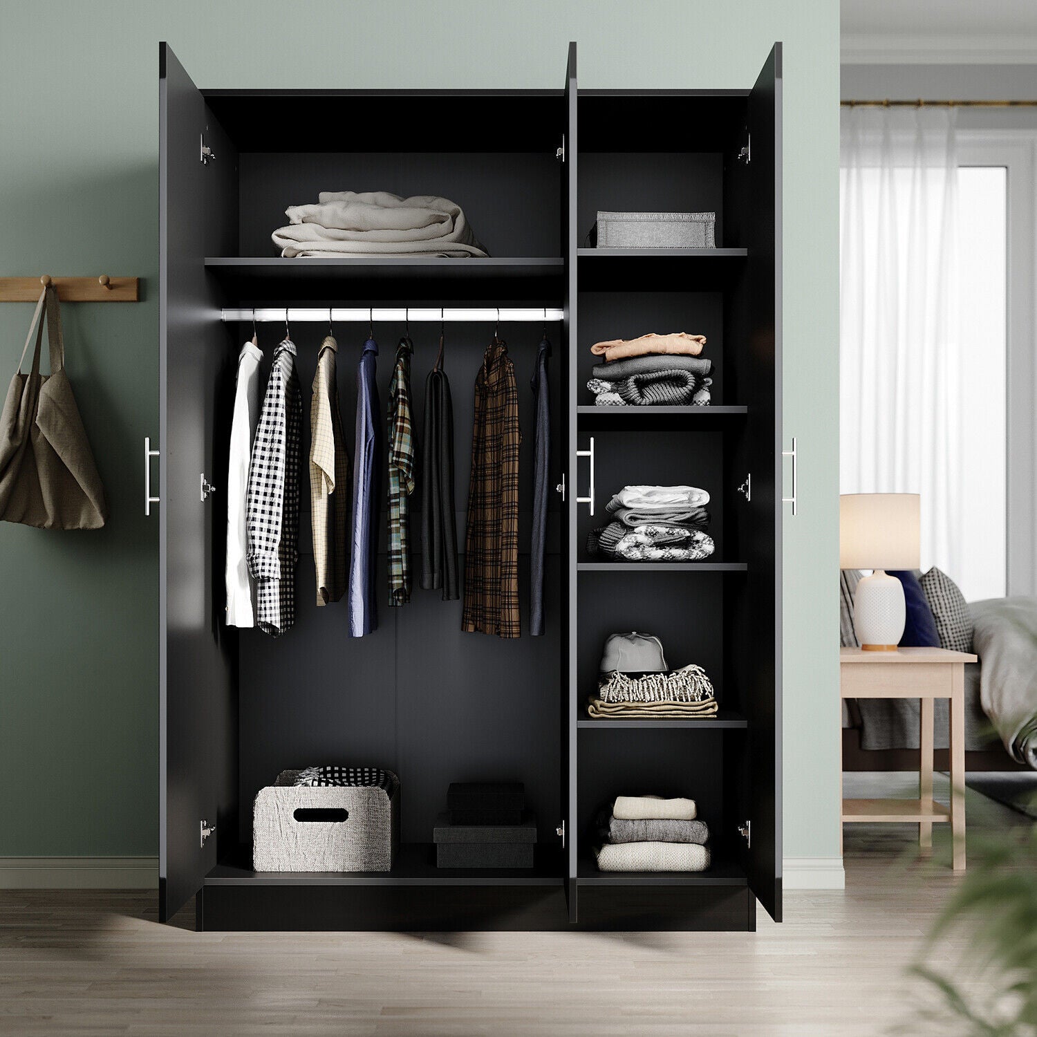 3 Rack Wardrobe Black Modern High Gloss 3 Door Triple Wardrobe with Hanging Rail & She ...