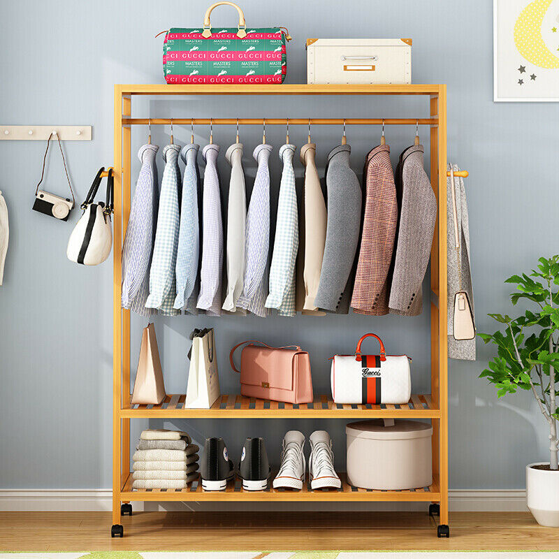 Coat Storage Rails 3 Layer Wooden Rail Clothes Hanging Coat Stand Shoe Rack Shelve Storag ...