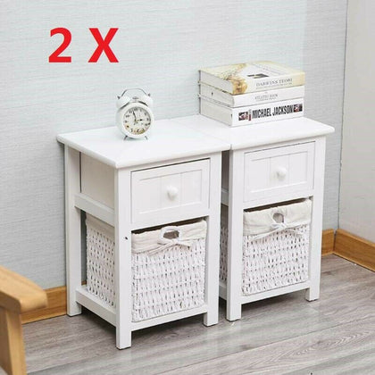 A Pair of Wooden Bedside Tables NightStand Cabinet Storage Drawer Wicker Baskets