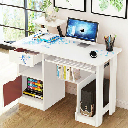 Small Computer Kids Desk Table Drawer Shelves Office Home Corner Writing White