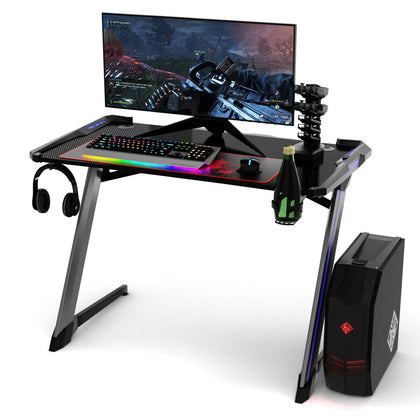 Ergonomic Racing Computer Desk Gaming Desk E-sports Table w/ RGB Light & Holder