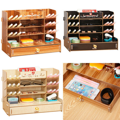 Office Desk Pen Pencil Storage Holder Organizer Wooden Stationary Container Case