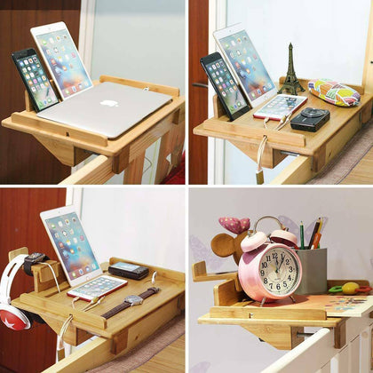 Bamboo Bedside Shelf Clip On Attachable Tray Table with Built in Cup Holders