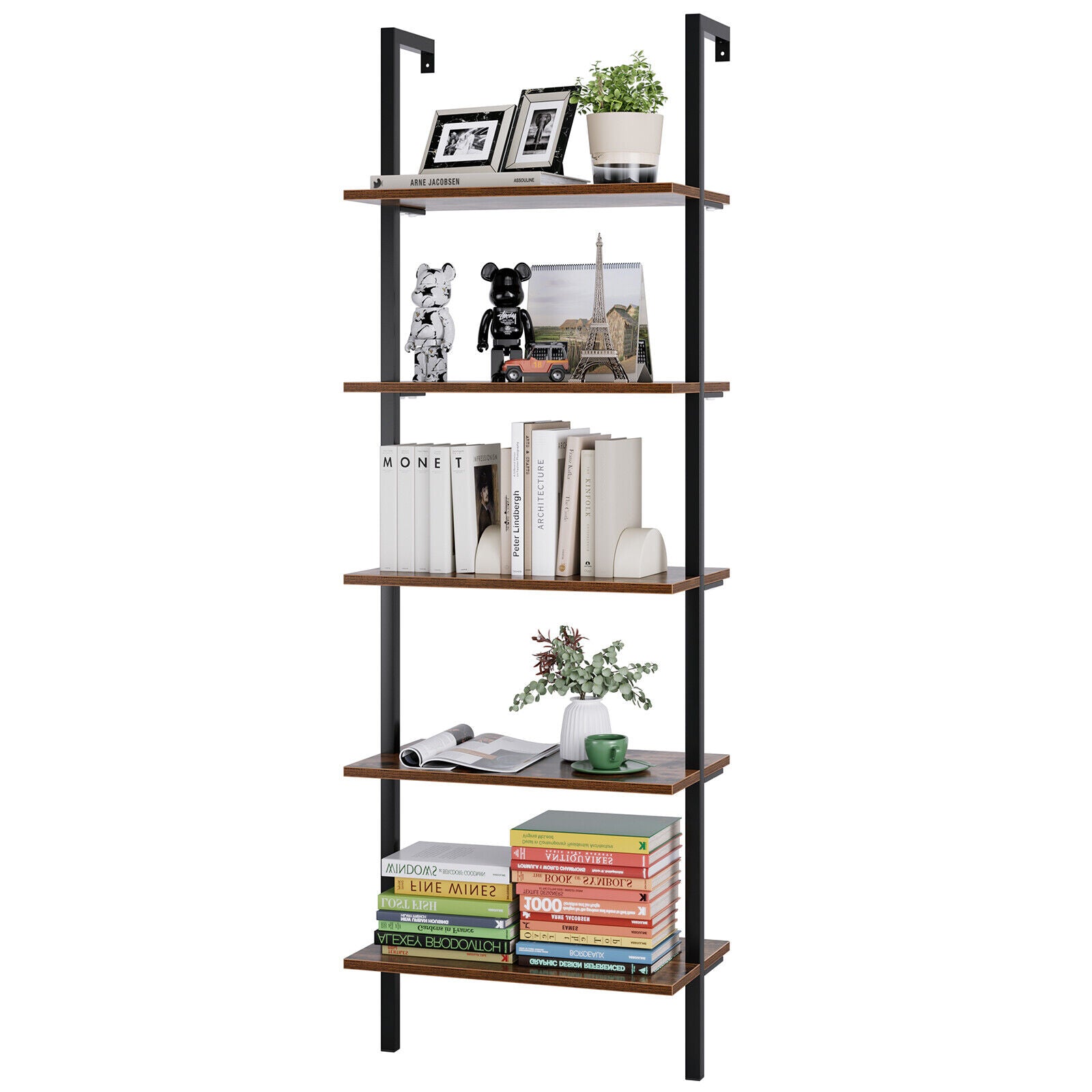 Ladder Bookcase 5-Tier Bookshelf Leaning Shelf Wall Shelves Display St ...