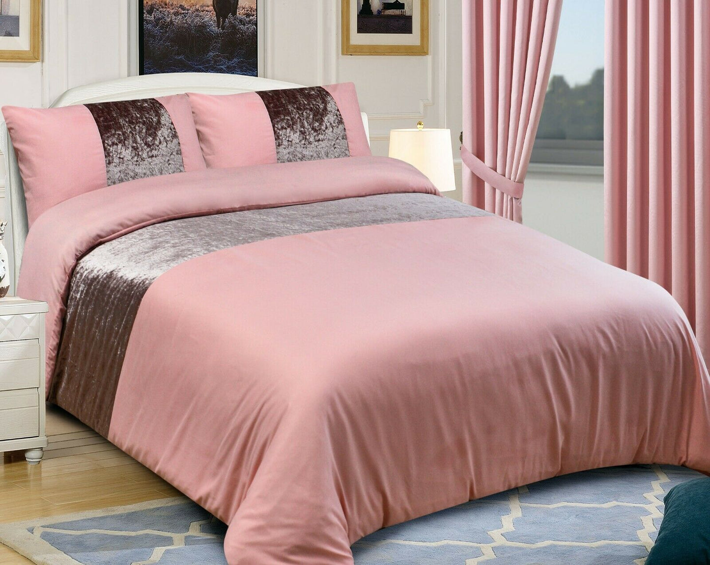 Crushed Velvet Panel Duvet Cover with Pillow Case Bedding Set Silver Grey Black