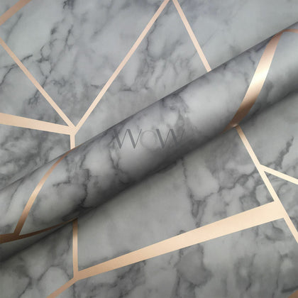 FRACTAL GEOMETRIC MARBLE WALLPAPER CHARCOAL GREY & COPPER - FINE DECOR FD42266