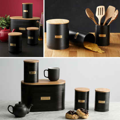 Typhoon Black Bread Bin Tea Coffee Sugar Jar Pasta Storage Canisters Biscuit Tin