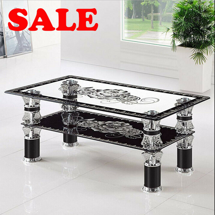 Rectangle Modern Tempered Glass Coffee Table Black Cage With Shelf Living Room