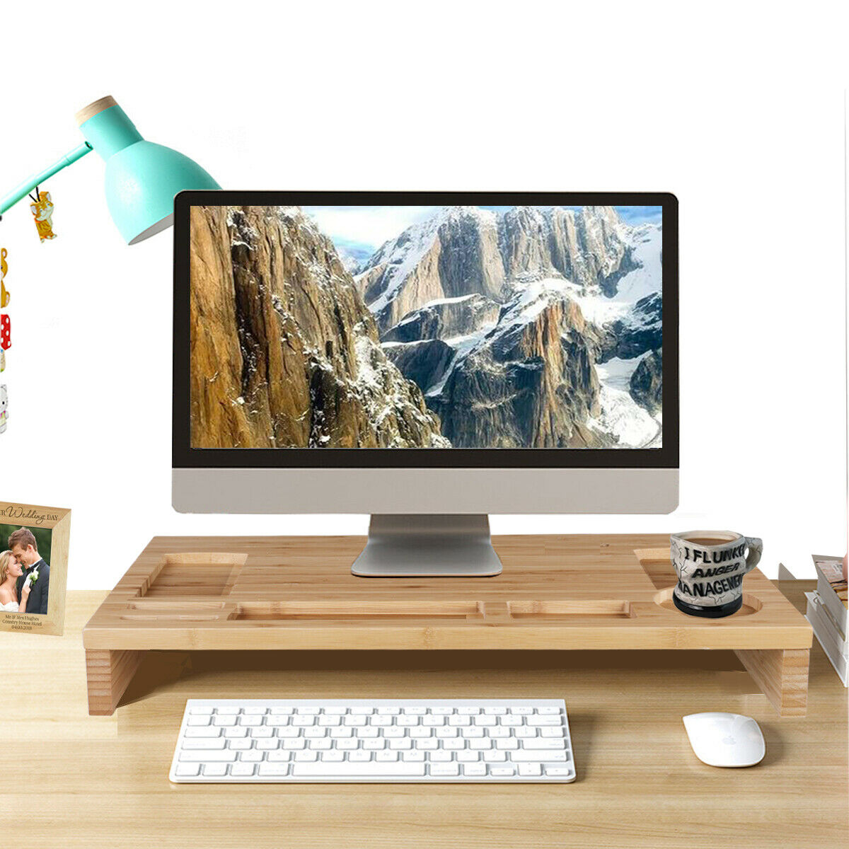 Computer Monitor Tray Monitor Stand Riser Table Laptop Tray with Storage Bamboo Computer Sta ...