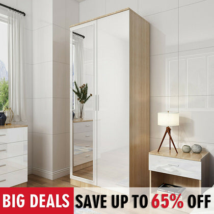 2 Door Wardrobe With Mirror High Gloss Large Storage 4 Colors Cupboard Furniture