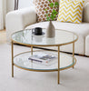 Round Glass Coffee Table with Golden Metal Legs & Shelf - Living Room Furniture