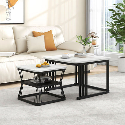 Square Nesting Coffee Table Metal Stacking Side Tables Set Marble-Look White