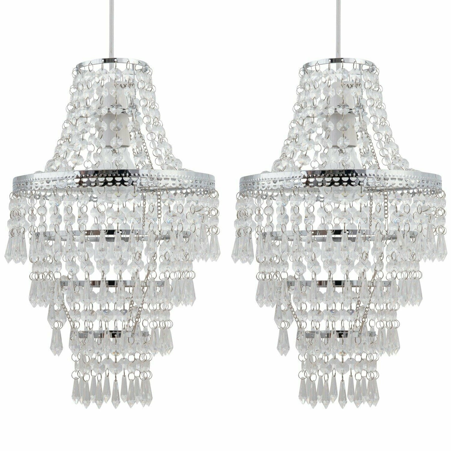 Set of 2 Chrome Chandelier Style Acrylic Crystal Easy Fit Ceiling Light Shades