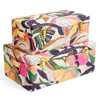 Storage Trunks Set of 2 Chests Abstract Tropical Print Velvet Gold Case