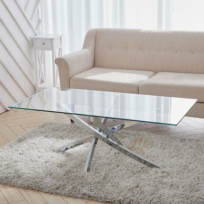 Rectangle Clear Glass Coffee Table With Cross Chrome Legs Living Room Furniture