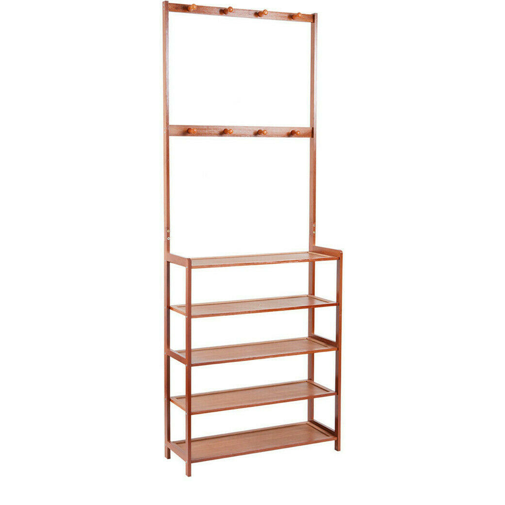 Retro Door Coat Rack Hooks with 5 Tier Shoe Shelves Integrated Storage Furniture
