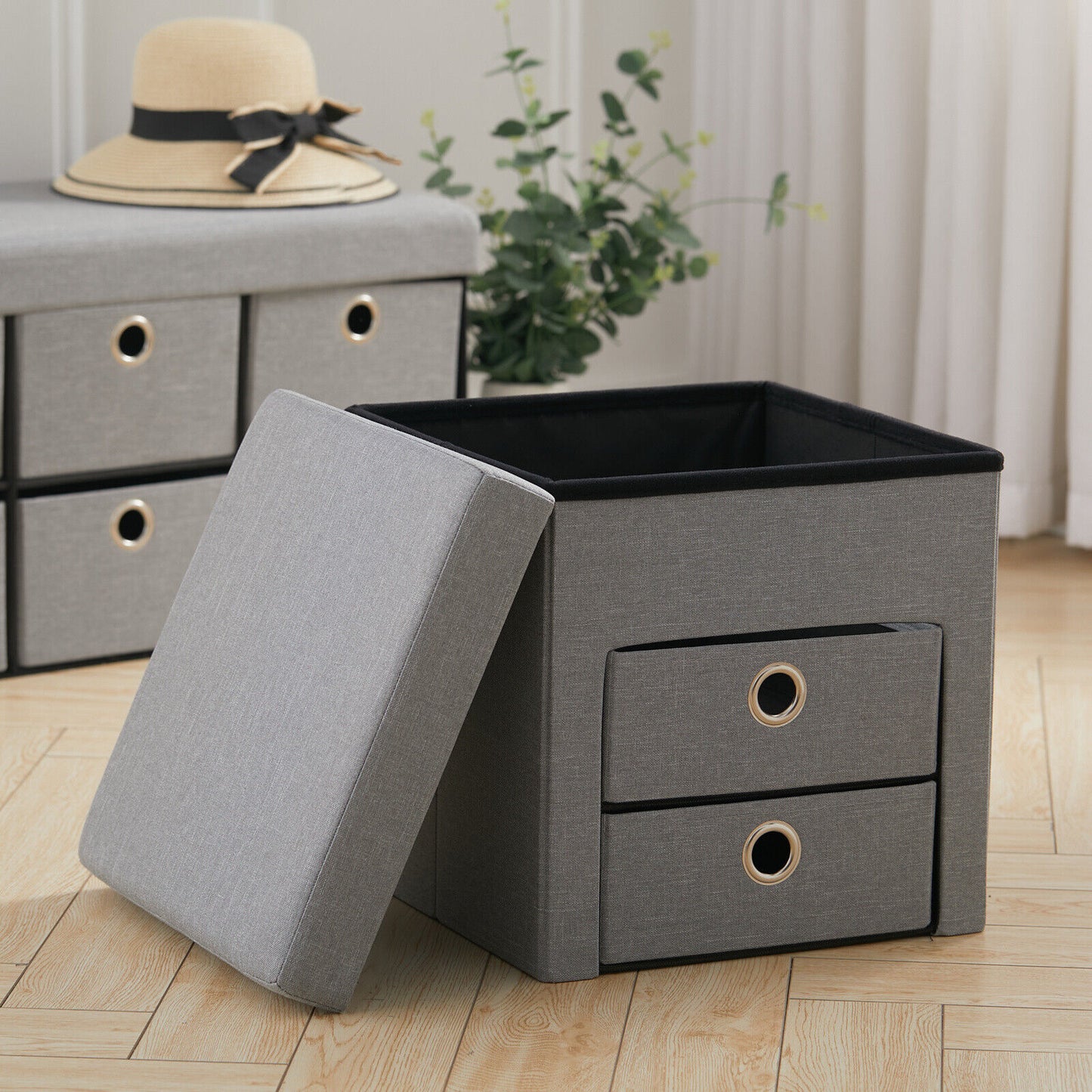 Linen Storage Stool Trunk Ottoman Pouffe Seat Footstool Chair Rect Box ChestGrey