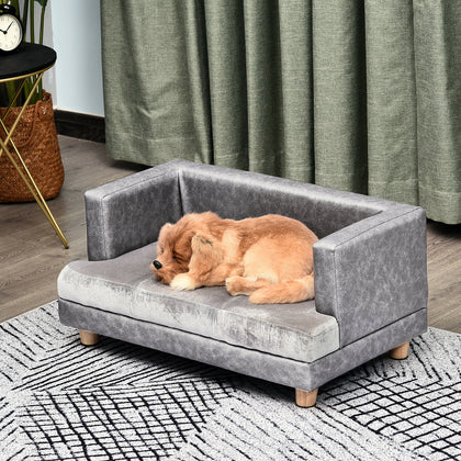 Pet Sofa Dog Cat Bed Couch Wooden Plush Cover Foam Cushion Grey 68 x 41 x 32 cm