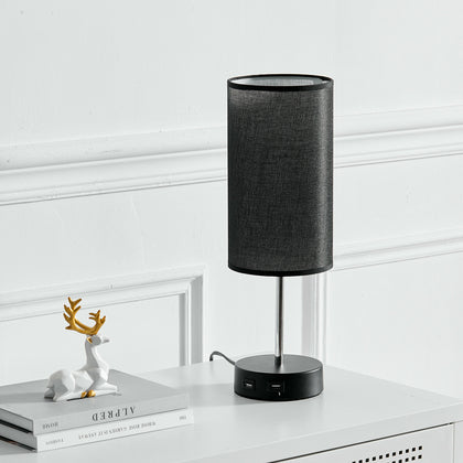 Table Lamp Bedside Fabric Shade Night Light with Dual USB Charging Ports UK Plug