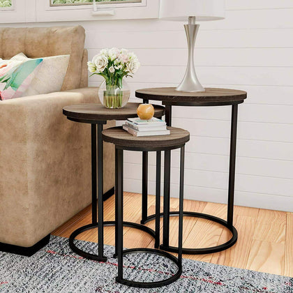 Set of 3 Round Vintage Wooden/Steel Nesting Side Coffee Tables Hallway Bedroom