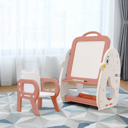 Kid Art Easel Play Table&Chair Set Toddler Drawing Board Bookshelf Storage Shelf