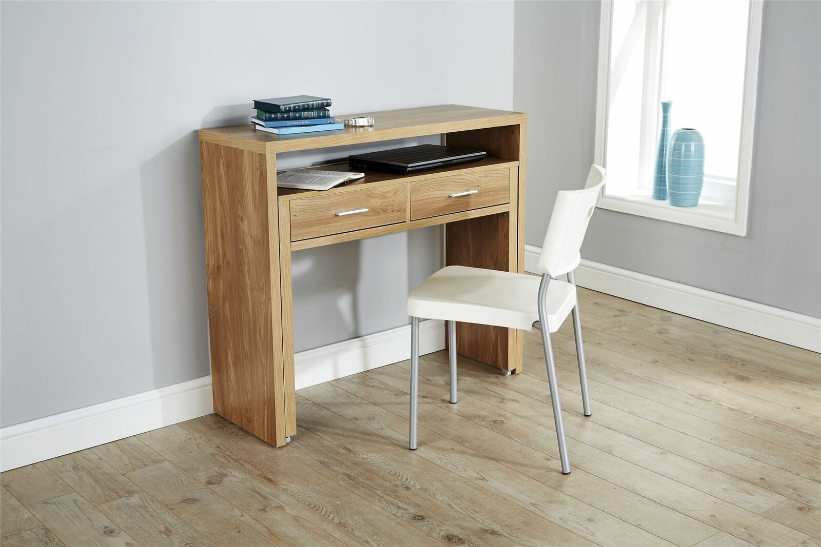 Contemporary Oak Regis Hallway 2 Drawer Extending Console Study Desk Quildinc