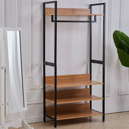 4 Tier Metal Hat and Coat Stand Hanging Clothes Rail Garment Storage Wood Shelf