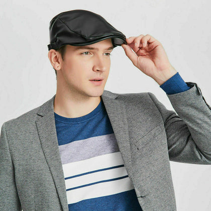 Mens Boys Flat Beret Faux Leather Driving Cabbie Hat Caps Hat Country Peaky Golf