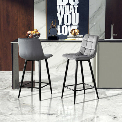 2/4/6 Modern Grey Breakfast Bar Stools Velvet Padded Seat Metal Legs Kitchen Pub