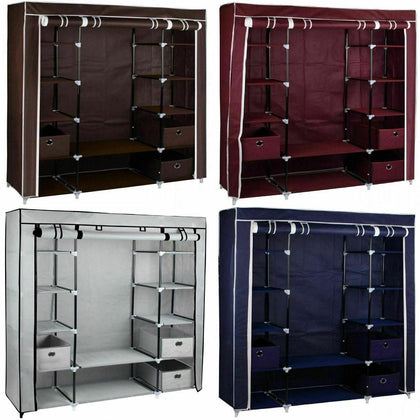 Large Fabric Canvas Wardrobe With Hanging Rail Shelving Clothes Storage Cupboard
