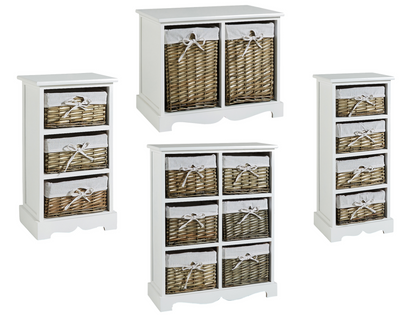 White Wooden Chest of Drawers Storage Unit Willow Wicker Baskets Organisers