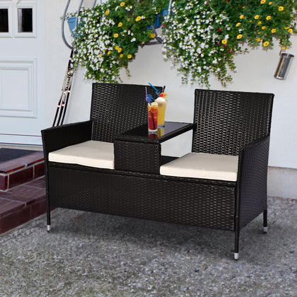 Outsunny Garden Rattan Companion Seat Outdoor Chair Table Set Patio Seat Bench