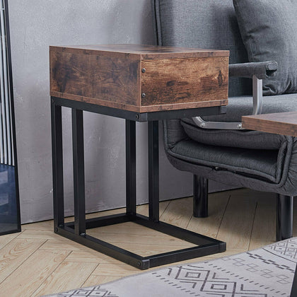 Rustic Wood Sofa Side Table with Storage Drawer Retro Bedside Table Nightstand