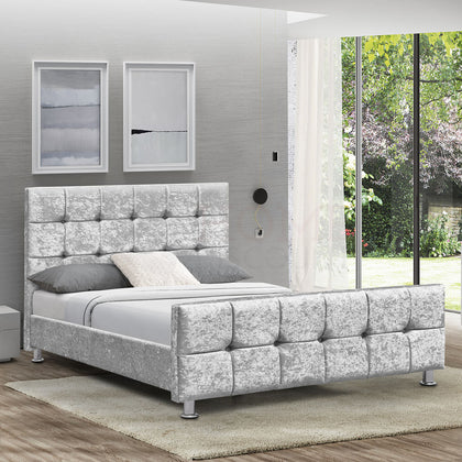 Valentina King Size Bed Wooden Frame Modern Upholstered Crushed Velvet Silver