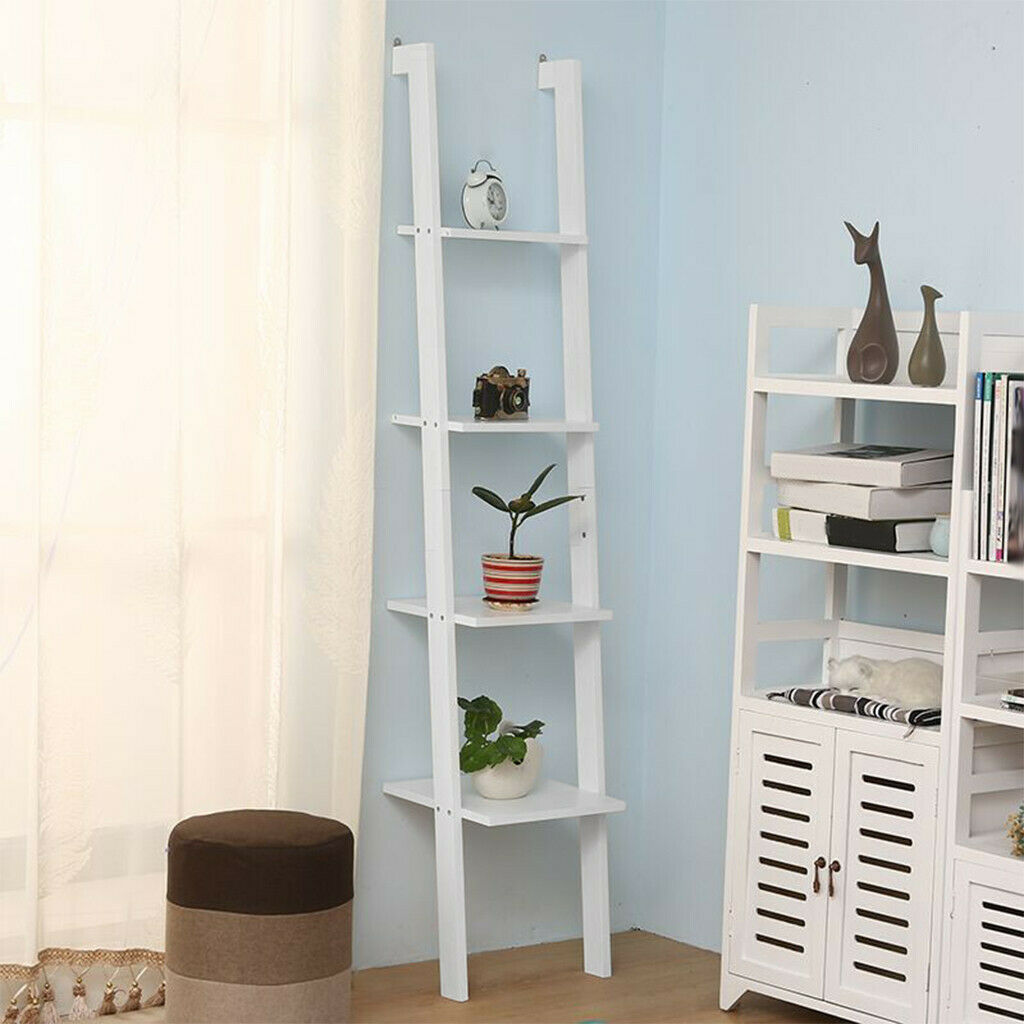4-Tier Wood Ladder Shelf, Standing Wall Rack, Bookcase Display Shelf White Black