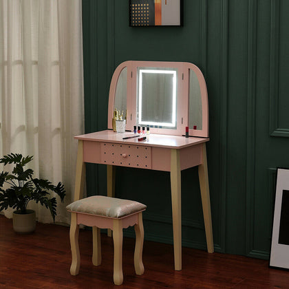 Wooden Vanity Dressing Table Sets with LED Light Mirror and Stool Make Up Desk
