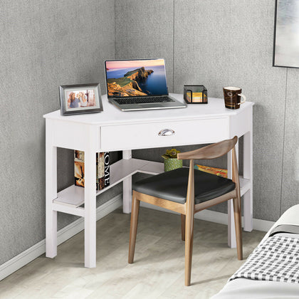 Corner Desk Computer Table Home Office Writing Workstation w/ Drawer & Shelves