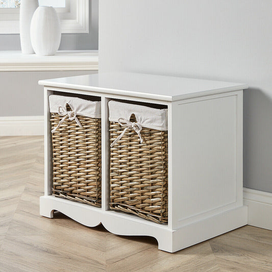 White Wooden 2 Drawer Chest Storage Unit Willow Wicker Baskets Organiser Hallway