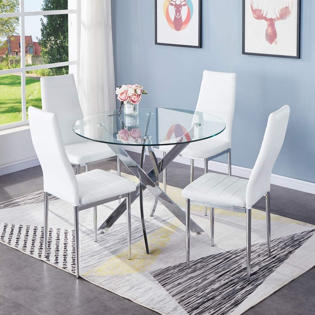 Clear round dining table and deals chairs