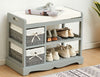 Grey Painted Wooden Hallway Bench 2 Basket 2 Shelf Storage White Cushioned Top