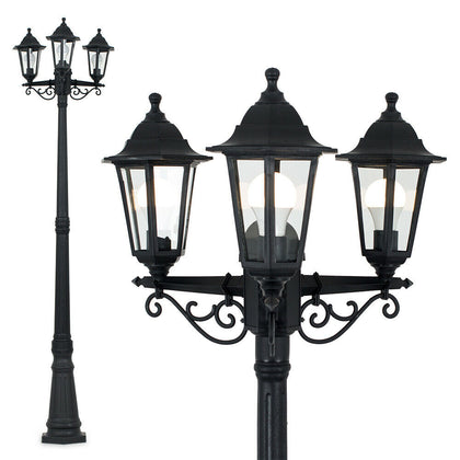 Victorian 220cm Black 3 Way Lantern Outdoor Garden Lamp Post LED Lighting IP44