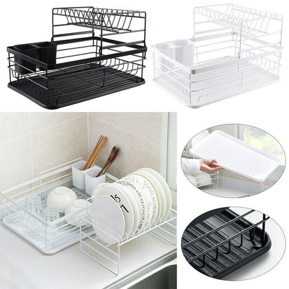 1/2 Tires Dish Drainer Drip Tray Cutlery Draining Holder Plate Rack Kitchen Sink